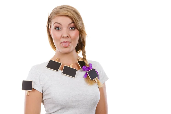 Teenage girl having little blackboards in hair — Stock Photo, Image