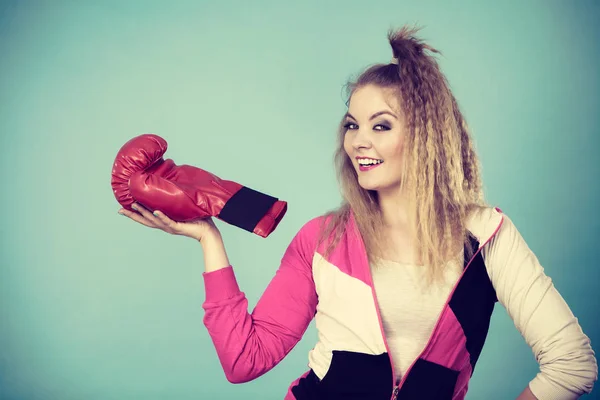 Funny girl in red gloves playing sports boxing — Stock Photo, Image
