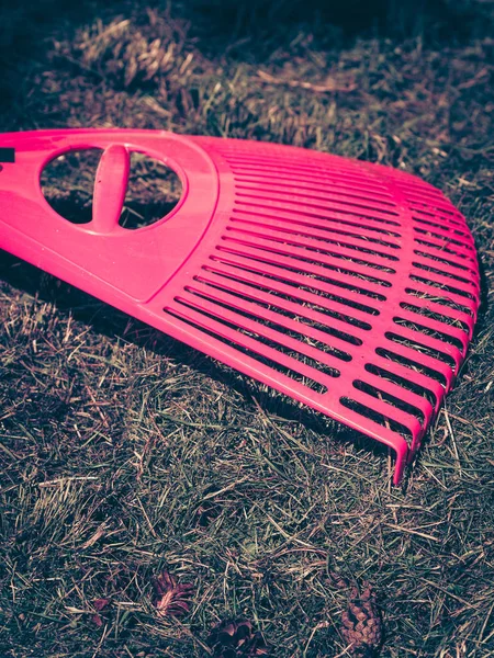 Plastic red rake on ground. — Stock Photo, Image