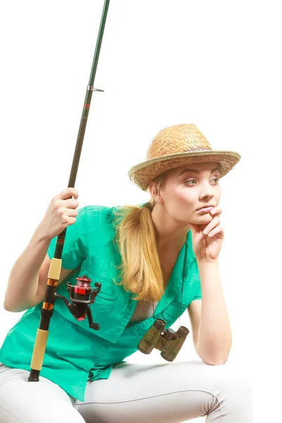 退屈女性釣りロッド、紡績設備 — ストック写真