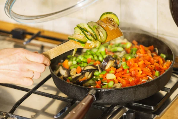 Chopped vegetables on frying pan — Stock Photo, Image