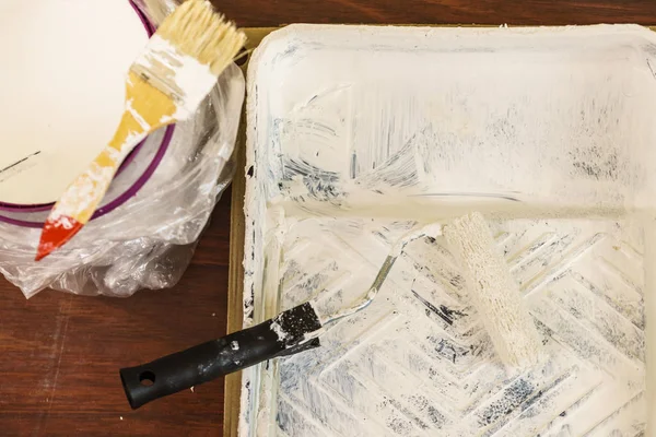 White paint with essentials equipment — Stock Photo, Image