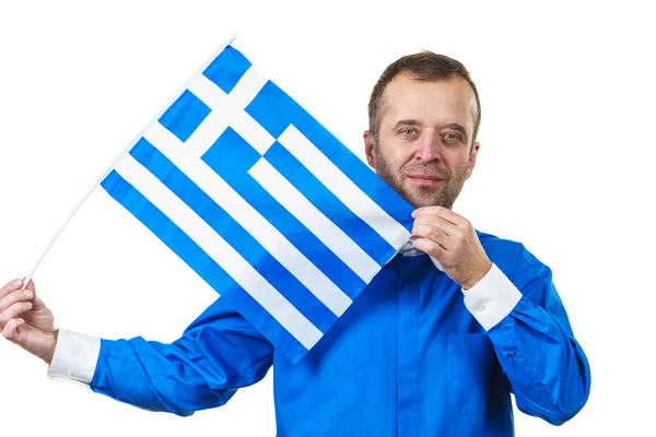 Yunan bayrağı tutan mutlu adam — Stok fotoğraf