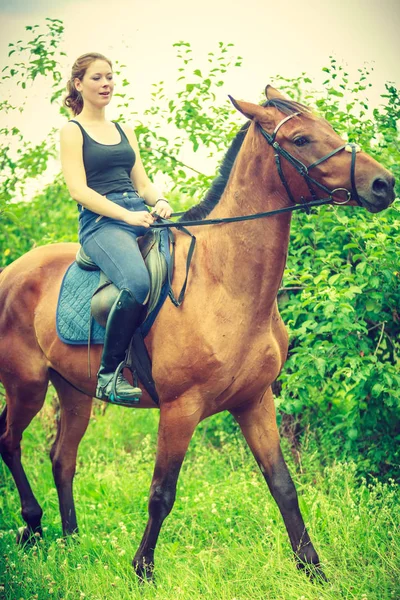 Νεαρή γυναίκα που κάθεται σε ένα άλογο — Φωτογραφία Αρχείου