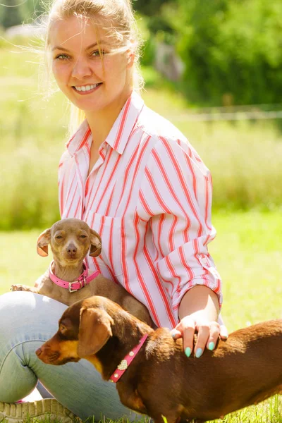 Vrouw spelen met kleine honden buiten — Stockfoto