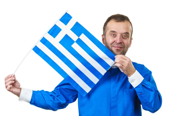 Hombre feliz sosteniendo bandera griega — Foto de Stock
