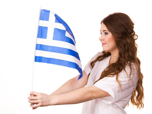 Woman with greek waving flag, on white — Stock Photo, Image