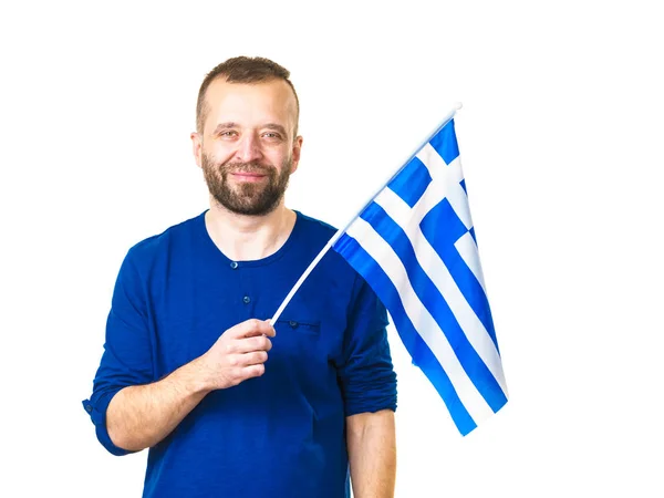白の旗を振ってギリシャを持つ男 — ストック写真