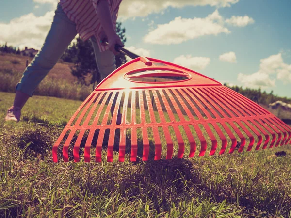 Unusual angle of woman raking leaves