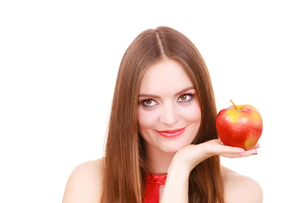 Woman charming girl colorful makeup holds apple fruit — Stock Photo, Image