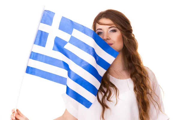 Mulher com bandeira acenando grego, em branco — Fotografia de Stock
