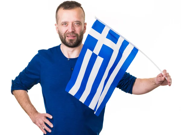 Людина з грецьким махаючим прапором, на білому — стокове фото