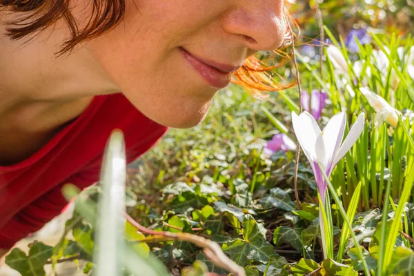 Žena vonící bílé crosus na trávě — Stock fotografie