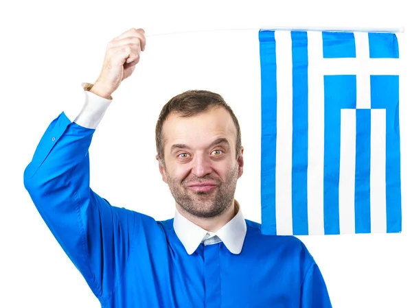 Homem feliz segurando bandeira grega — Fotografia de Stock