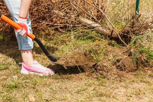 Person gräbt Loch im Garten — Stockfoto