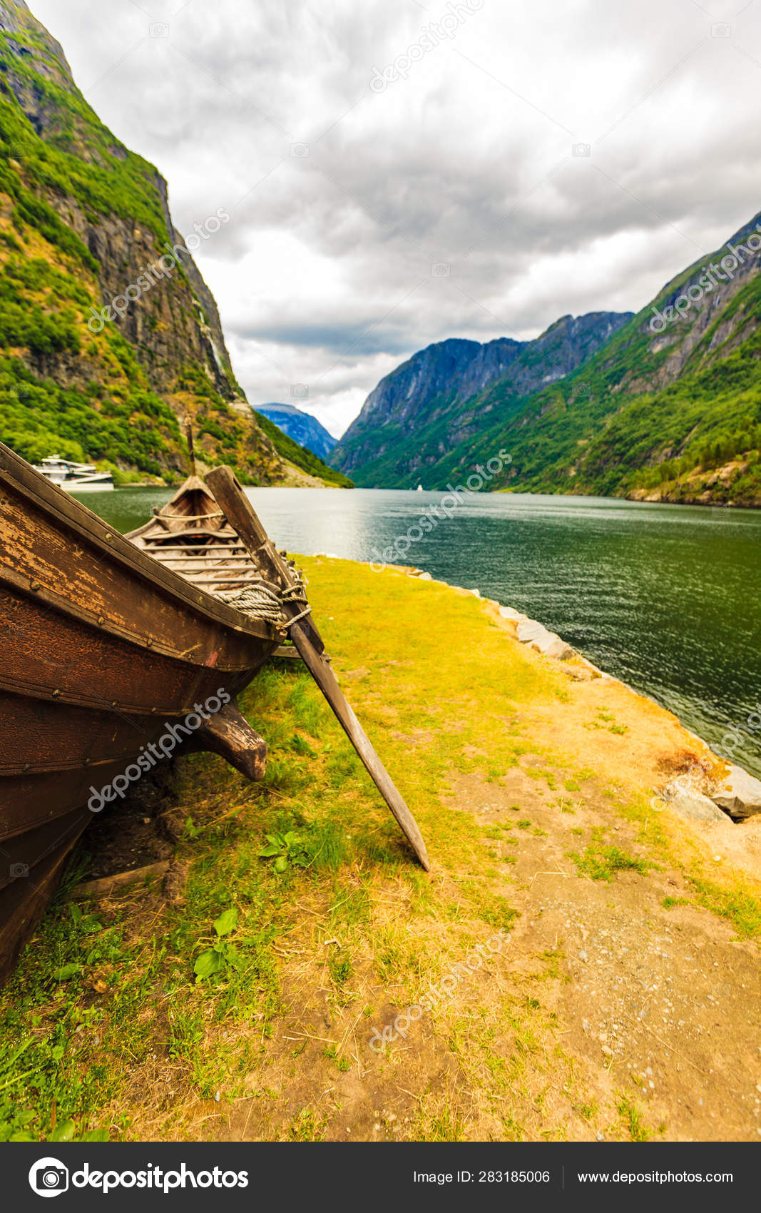 Old Viking Boat On Fjord Shore Norway Stock Photo C Voyagerix