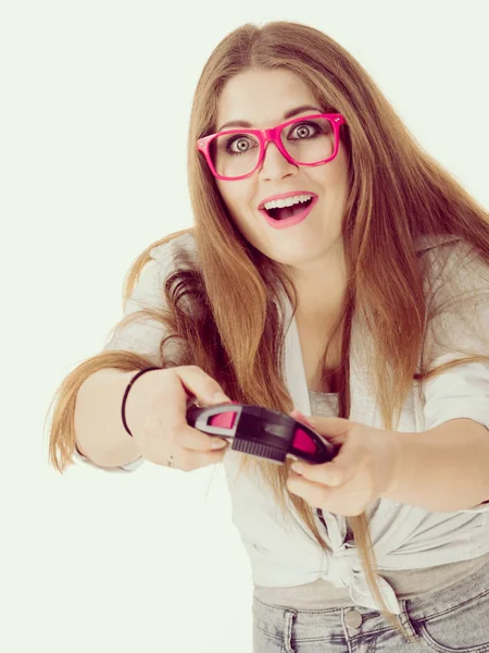 Gamer woman holding gaming pad — Stock Photo, Image