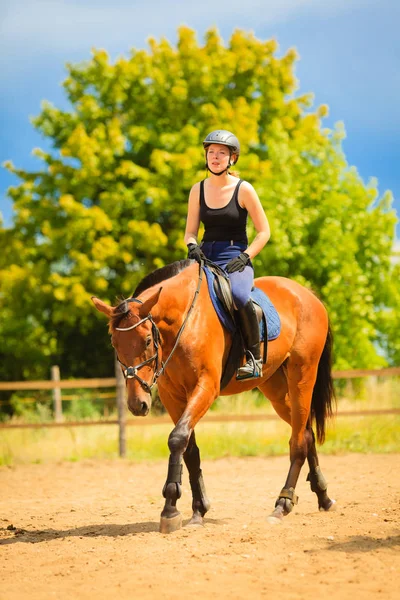 Jockey menina fazendo cavalo equitação no campo prado — Fotografia de Stock