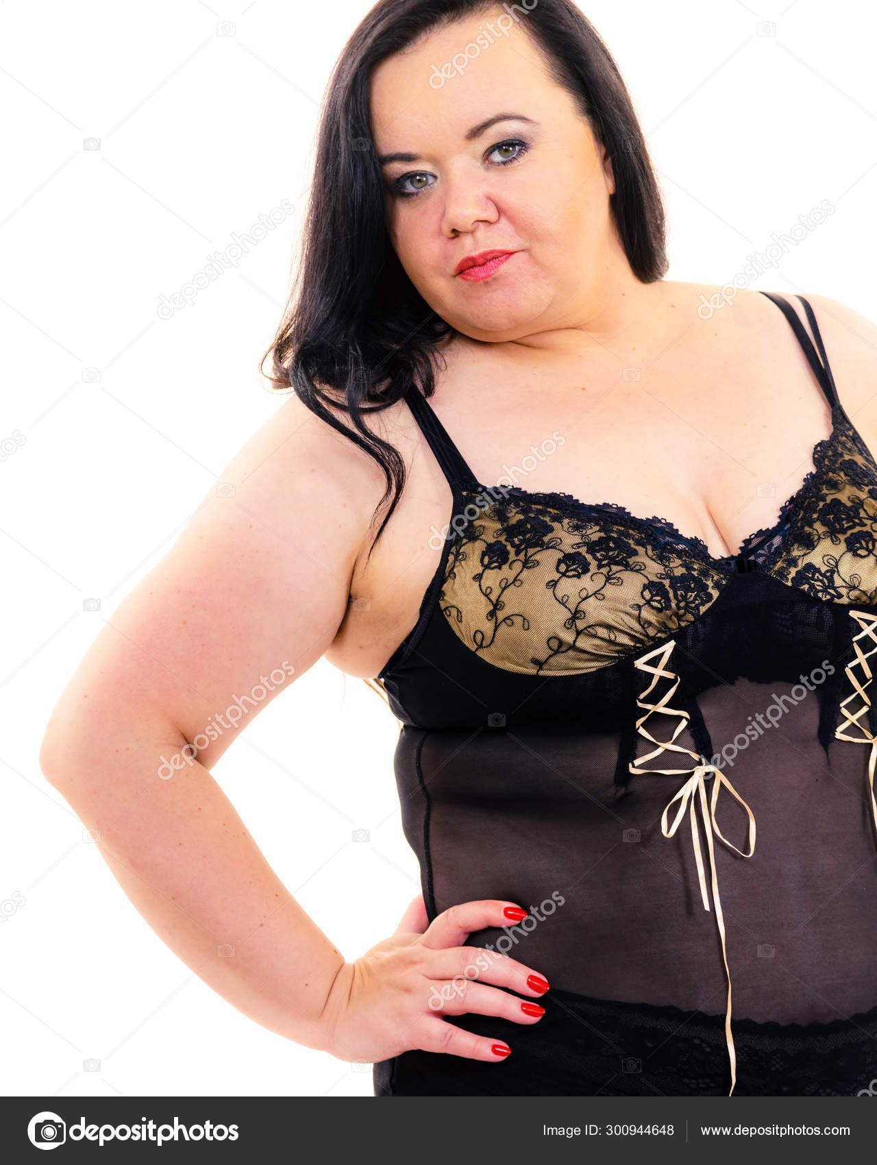 Plus size woman in lingerie tunic — Stock Photo © Voyagerix #300944648
