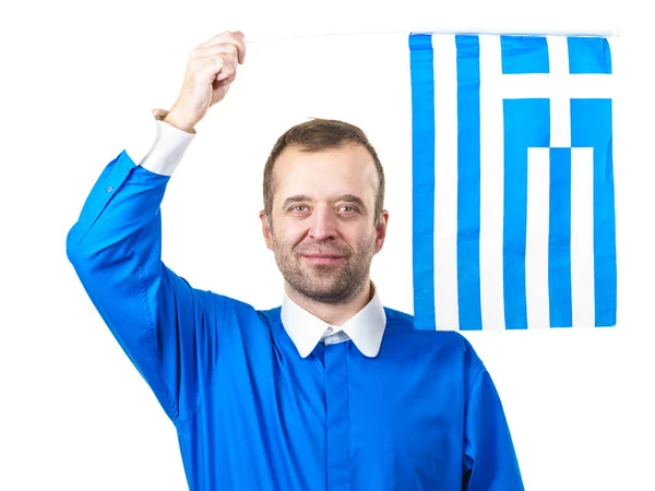 Homem feliz segurando bandeira grega — Fotografia de Stock