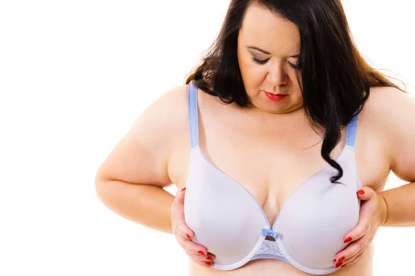 Fet kvinna stora bröst bär BH — Stockfoto