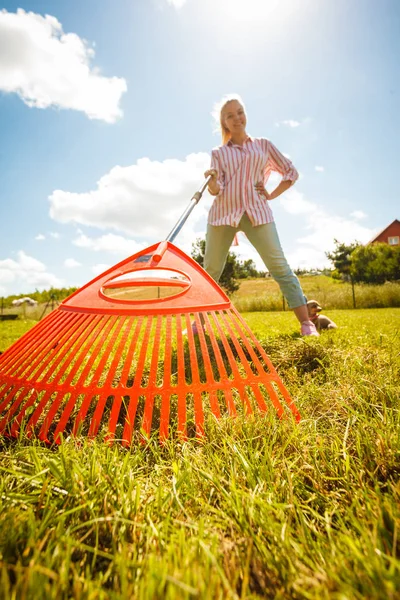 Unusual angle of woman raking leaves