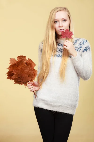 Woman holding bouquet made of autumn leaves — Stock Photo, Image