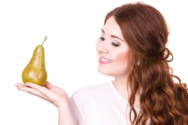 Woman holding pear fruit, isolated. Healthy diet. — Stock Photo, Image