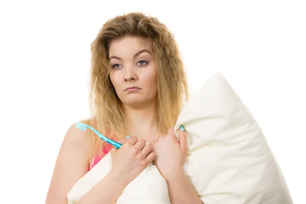 Sleepy woman hugging white pillow — Stock Photo, Image