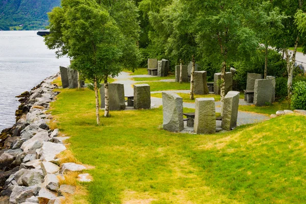 Rest stop area picnic site on fjord shore — Stock Photo, Image