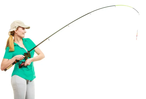 Donna con canna da pesca, filatura — Foto Stock