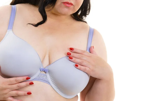 Gruba kobieta duże piersi ubrany biustonosz — Zdjęcie stockowe