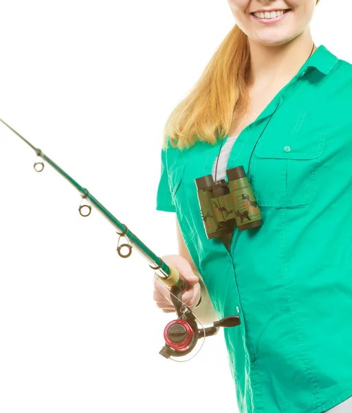 Mujer con caña de pescar, equipo de spinning — Foto de Stock