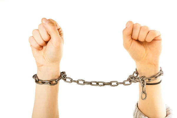 Chained man hands with chain around wrists — Stock Photo, Image