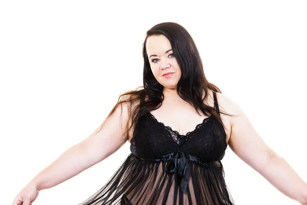 Mulher de lingerie preta mostrando seu peito . — Fotografia de Stock