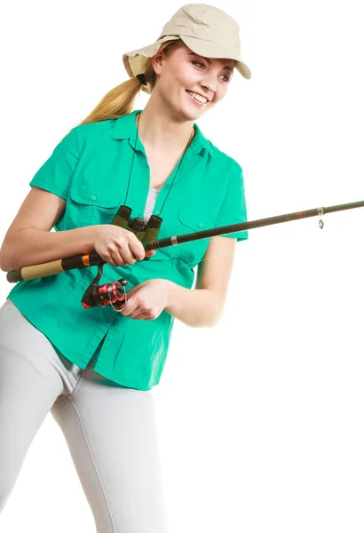 Mujer con caña de pescar, equipo de spinning — Foto de Stock