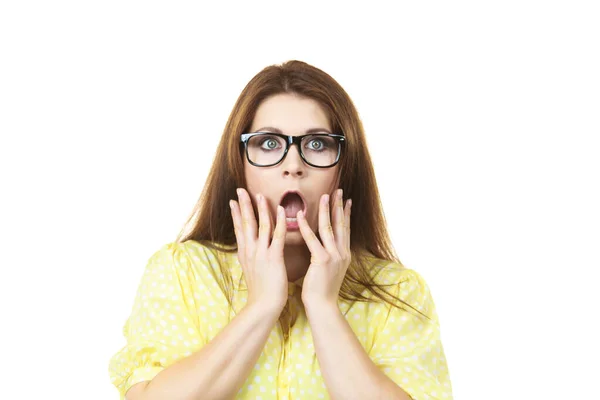 Shocked amazed woman gesturing with hands — Stock Photo, Image