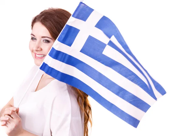 Frau mit griechischer Flagge, auf weißem Grund — Stockfoto