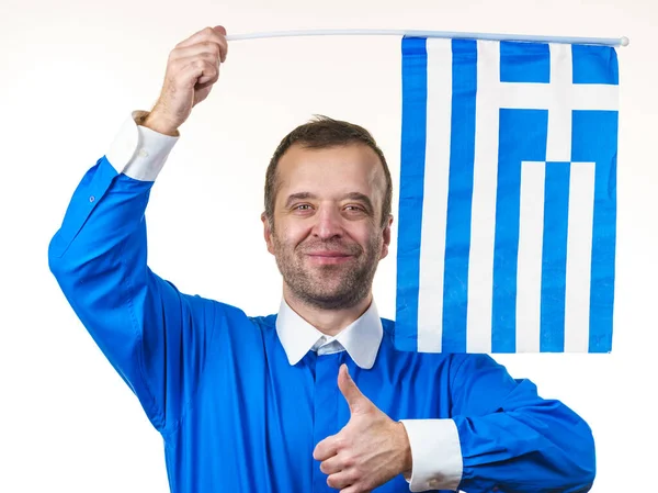 ギリシャ国旗を掲げている幸せな男 — ストック写真