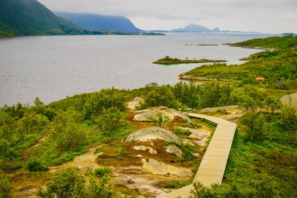 Wandelpad en fjord landschap, Lofoten Noorwegen — Stockfoto