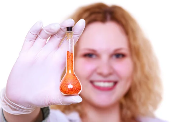 Mujer Química Estudiante Asistente Laboratorio Investigadora Científica Con Frasco Prueba —  Fotos de Stock
