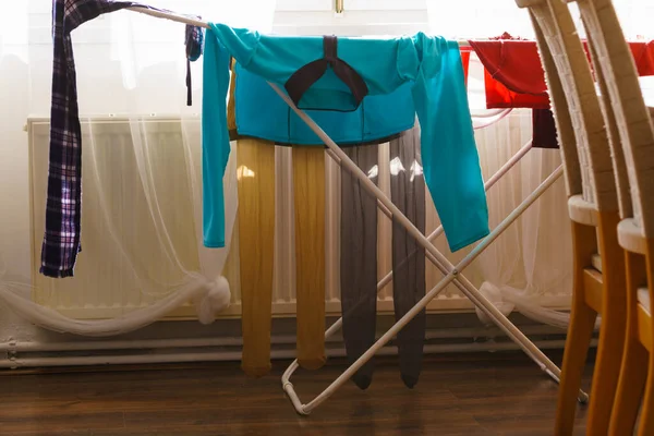 Many Colorful Clothes Laundry Hanging Drying Rack Home Next Window — Stock Photo, Image