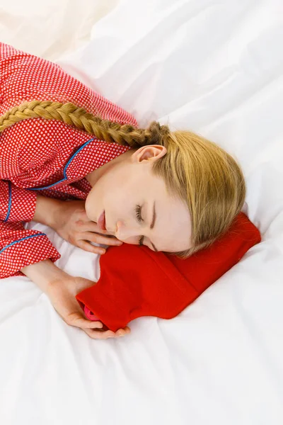 Woman Lying Bed Sleeping Warm Red Hot Water Bottle Fever — Stock Photo, Image