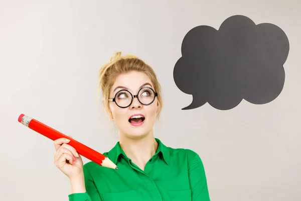 Student Looking Woman Wearing Nerdy Eyeglasses Holding Big Oversized Pencil — Stock Photo, Image