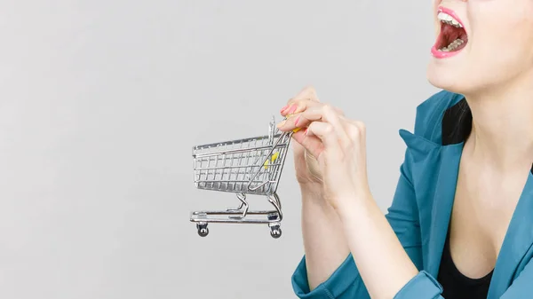 市場の店の概念で事を買う 笑顔の女性の手を保持小さなショッピングカートトロリー — ストック写真