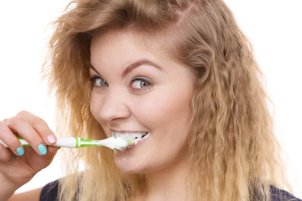 Donna Che Lava Denti Ragazza Positiva Con Spazzolino Denti Igiene — Foto Stock