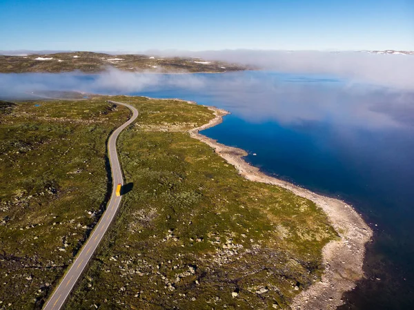 Αεροφωτογραφία Οδική Διέλευση Hardangervidda Οροπέδιο Σύννεφα Πάνω Από Τις Λίμνες — Φωτογραφία Αρχείου