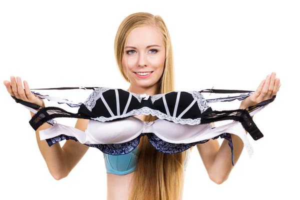 Bosom Concept Slim Blonde Woman Wearing Underwear Holding Many Bras — Stock Photo, Image