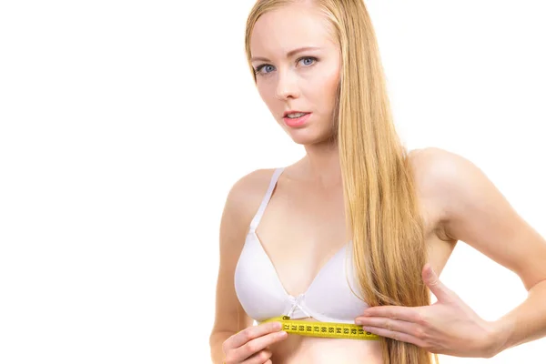 Young Slim Woman Wearing Bra Yellow Measure Tape Measuring Her — Stock Photo, Image