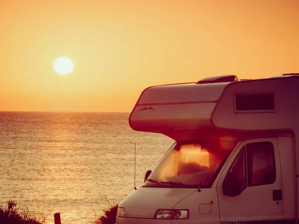 Camper Recreational Vehicle Sunrise Mediterranean Coast Spain Camping Nature Beach — Stock Photo, Image